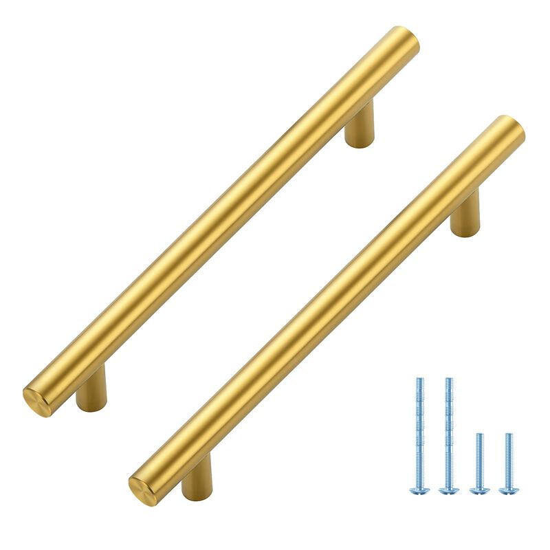 5 Pack 7.38 Inch Length Kitchen Cabinet Handles with 5 Inch Hole Center Brushed Brass Cabinet Pulls Stainless Steel Drawer Pulls