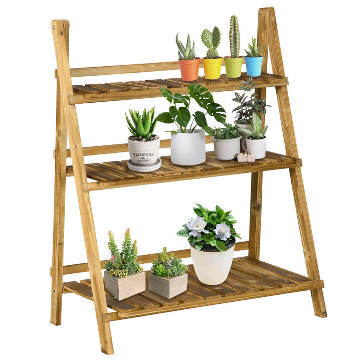 Outsunny 3-Tier Folding Plant Stand, Wooden Indoor Plant Shelf Display Stand, for Corner Balcony Garden Patio, 24"L