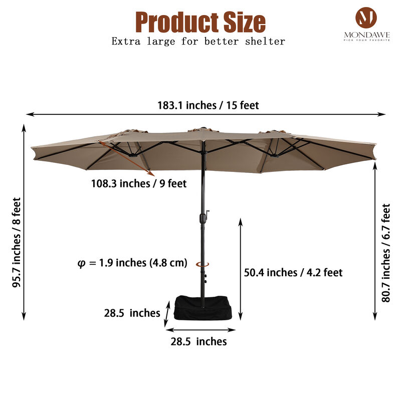 MONDAWE 15ft Rectangular Double-Sided Outdoor Patio Market Umbrella Coffee