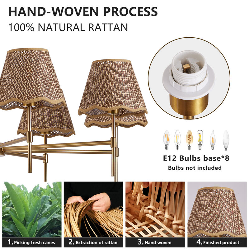 38.6" Adjustable Gold Chandelier &ndash; 8-Light Handwoven Rattan Pendant with E12 Base image number 4