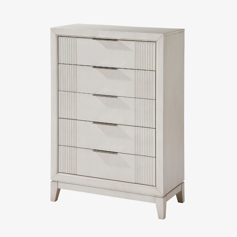 Flo Tall Dresser Chest, 5 Drawers, Antique White Wood, Chrome Handles