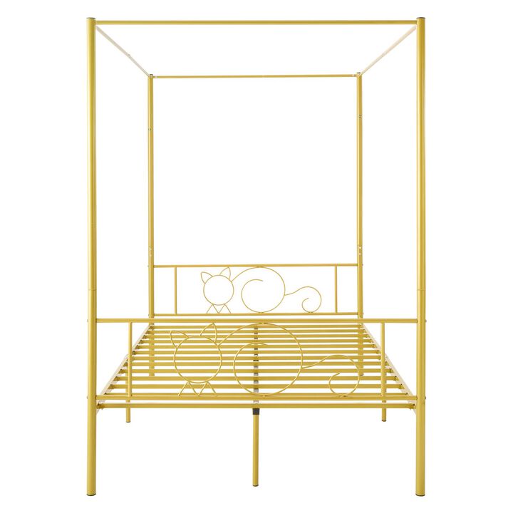 Full Size Metal Canopy Bed Frame, Gold, Four Poster Design with Steel Slat Support