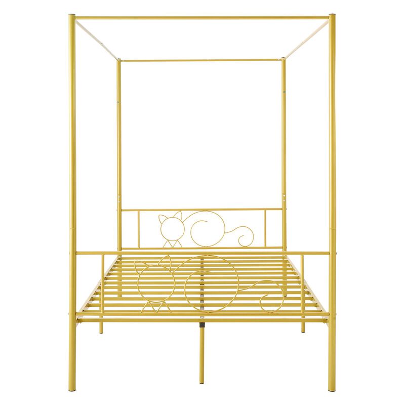 Full Size Metal Canopy Bed Frame, Gold, Four Poster Design with Steel Slat Support image number 0
