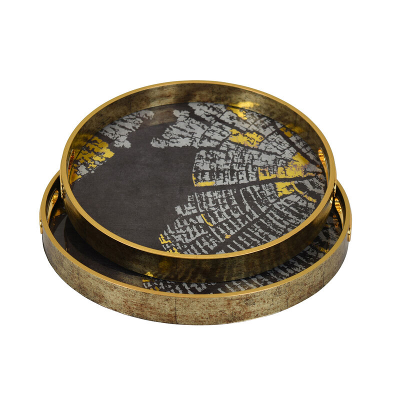 Archy Round Tray, Set of 2, Abstract Patterns, Black-Gold Polyurethane image number 2