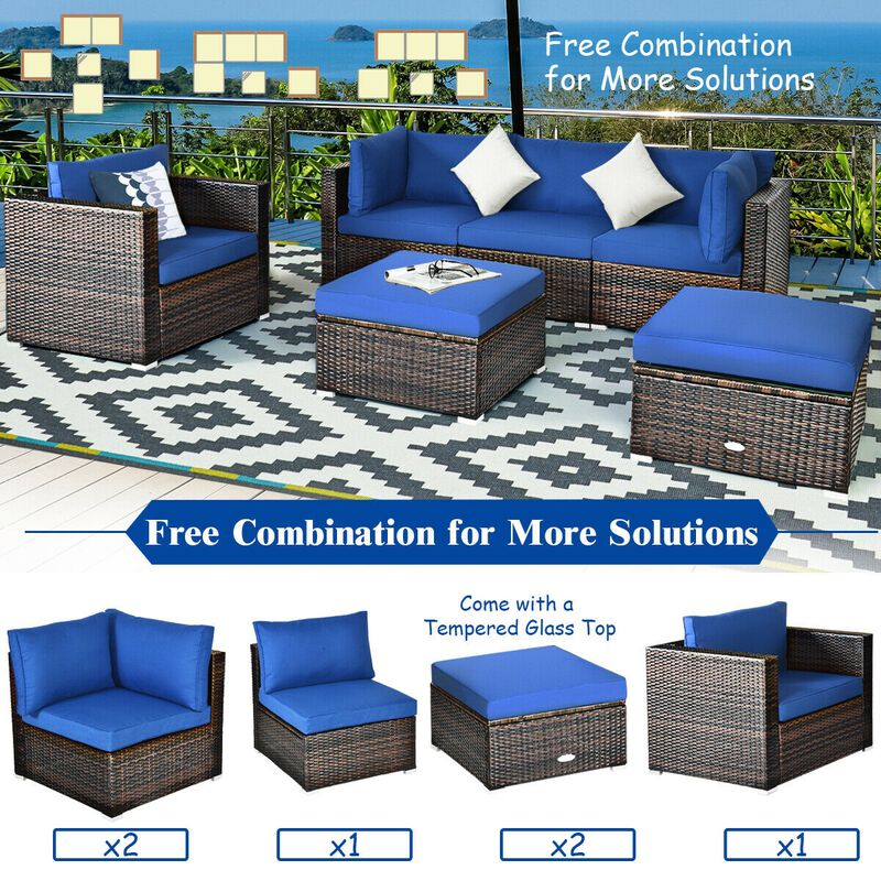 6 Pcs Patio Rattan Furniture Set with Sectional Cushion