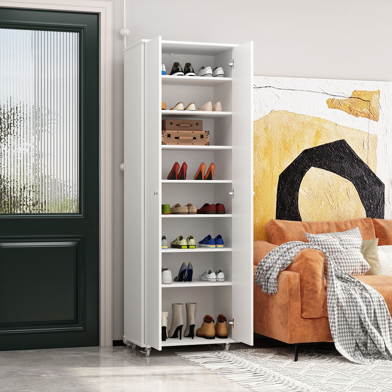 Tall Shoe Rack with Doors & Wheels, Entryway Shoe Cabinet with 8-Tier Shelf, Wood Shoe Storage Organizer for Entryway, White (23.6" W x 15.7" D x 70.9" H)