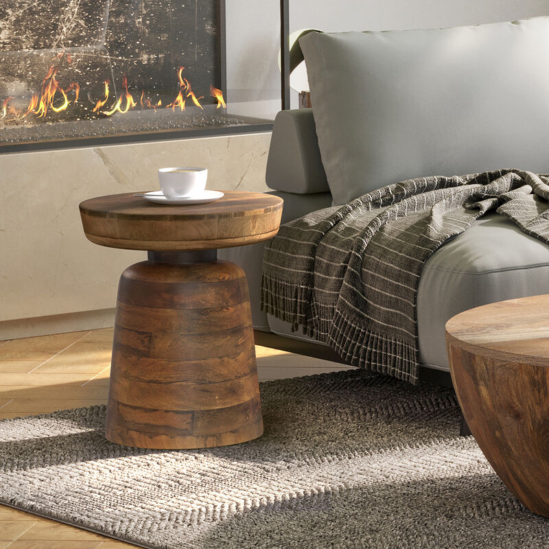 Robbie SOLID MANGO WOOD 16 inch Wide Round Contemporary Rustic Accent Table in Walnut Brown, Fully Assembled