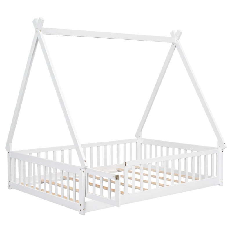 Tent-shaped Floor Bed, with Guardrails, Slats, Door