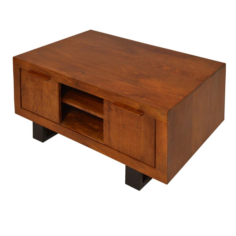36 Inch Rectangular Wooden Industrial Coffee Table, Open Compartments and Sled Base, Brown-Benzara image number 3