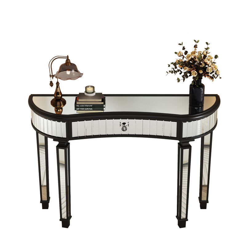 Merax Half-Moon Mirrored Console Table - Fluted Glass & Crystal Knob Drawer