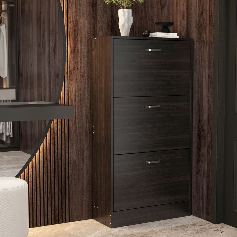 23.6 in. W x 45.5 in. H Black Wood 18-Pair Wood Shoe Storage Cabinet with 6-Foldable Compartments image number 1