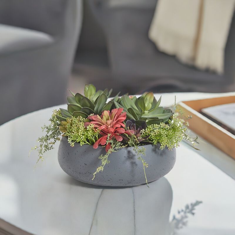 Round Artificial Succulent Arrangement, Gray Planter image number 1
