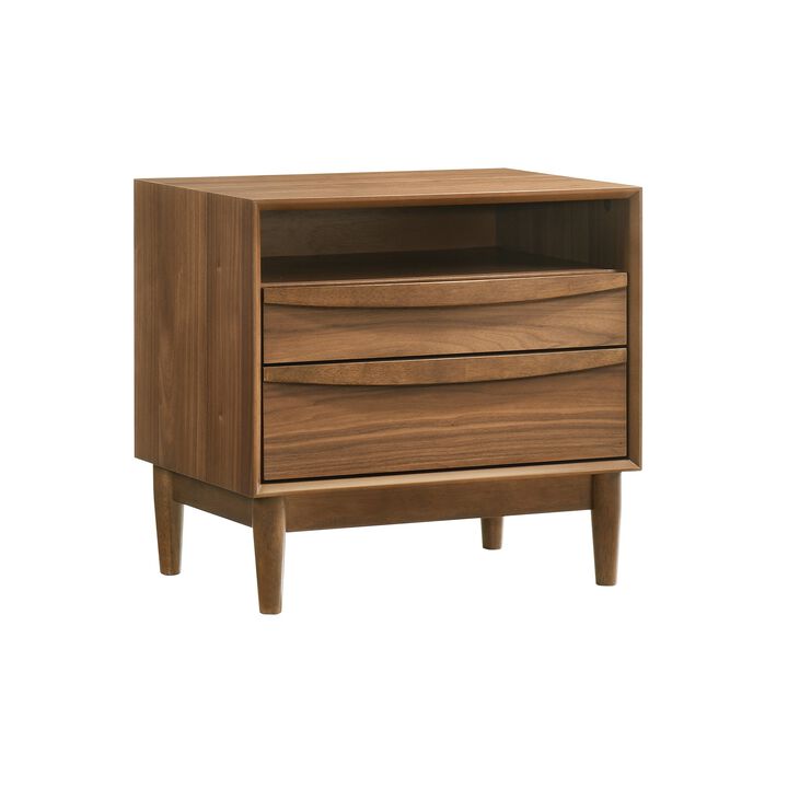 Mian 23 Inch Nightstand, 2 Drawer, Linear Undercut Handles, Wood, Walnut  - Benzara