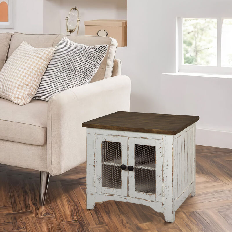 Two Tone Wooden End Table with Metal Grill Cabinet, Brown and White