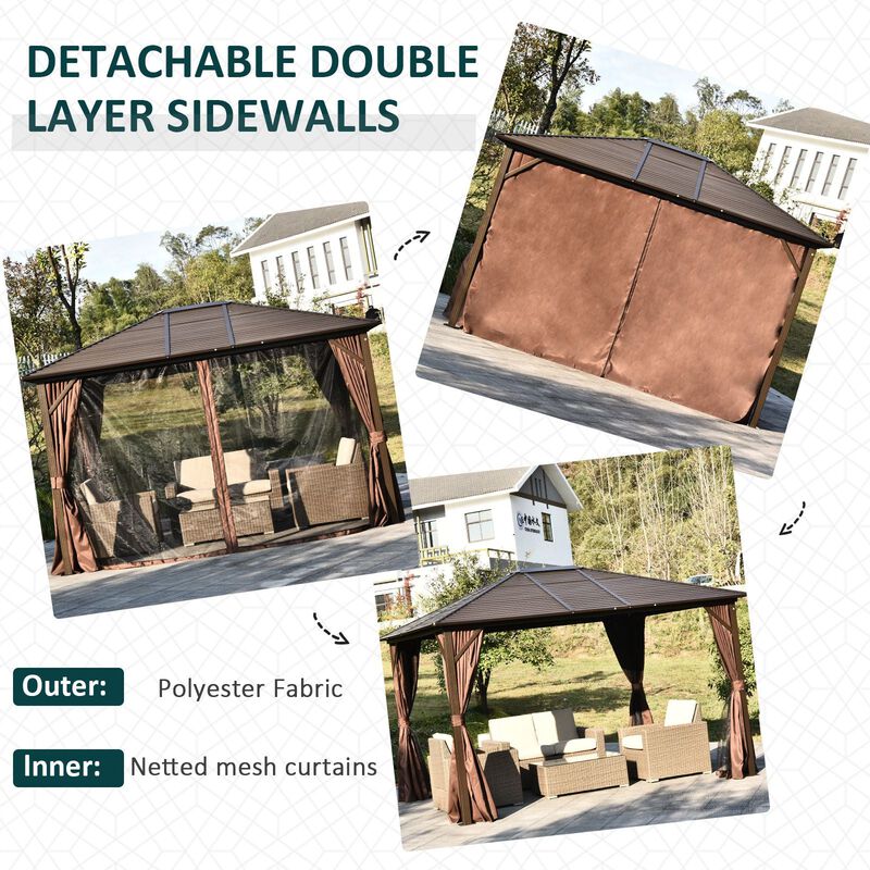 Enduring Garden Sanctuary: 10'x12' Brown-Roofed Metal Gazebo with Netting