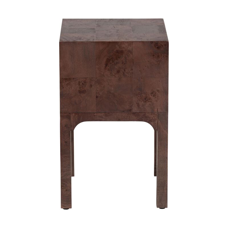 bali & pari Kayla Real Burl Wood Nightstand in Dark Walnut Brown - Modern Bedside Table with Two Drawers and Cutout Handle Design