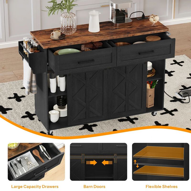 Mobile Kitchen Island with Built-In Power Outlet and Sliding Barn Door-Black image number 4