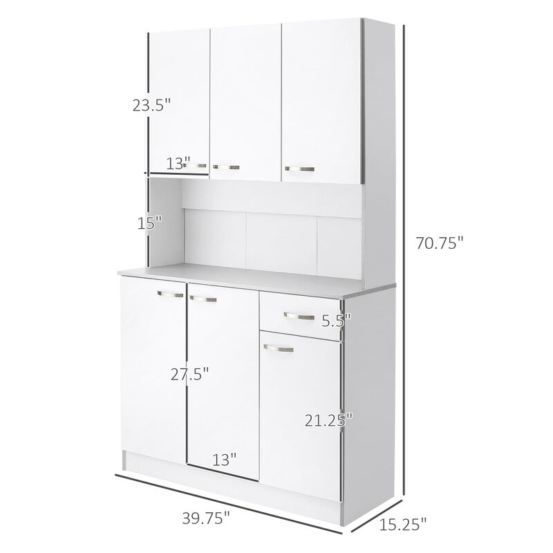 71" Freestanding Buffet with Hutch, Kitchen Storage Cabinets, Pantry with 6 Doors, 3 Adjustable Shelves, and Drawer for Living Room, White