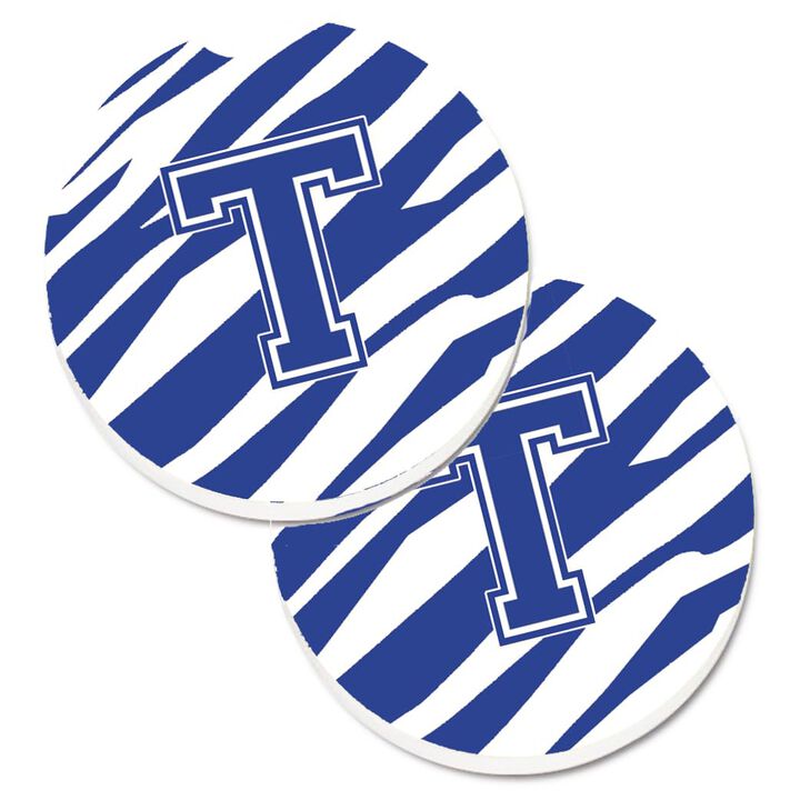 Caroline's Treasures Monogram Initial T Tiger Stripe Blue & White Set of 2 Cup Holder Car Coasters CJ1034-TCARC, 2.56, Multicolor