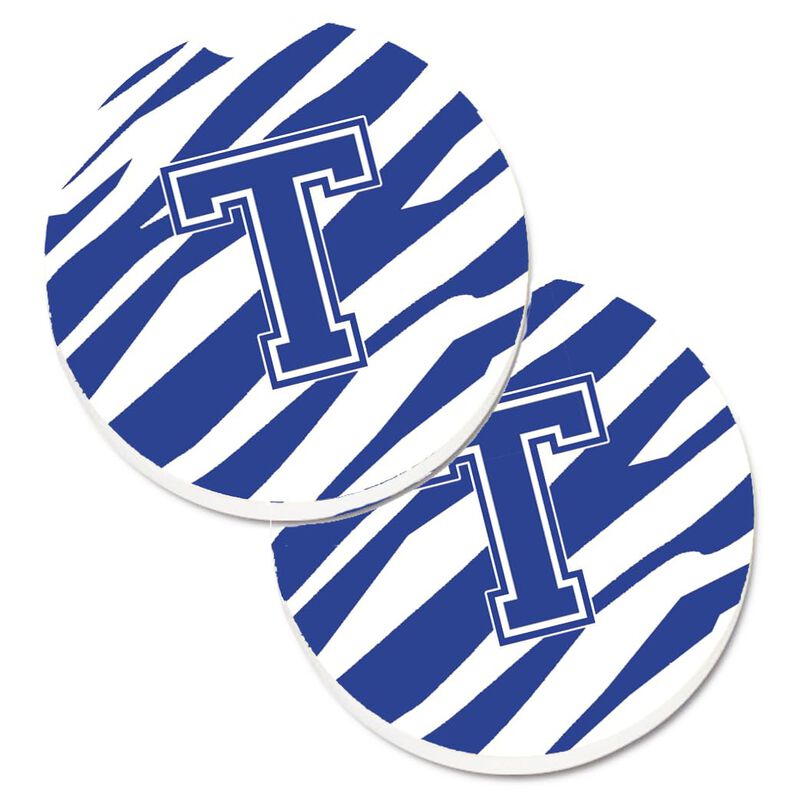 Caroline's Treasures Monogram Initial T Tiger Stripe Blue & White Set of 2 Cup Holder Car Coasters CJ1034-TCARC, 2.56, Multicolor