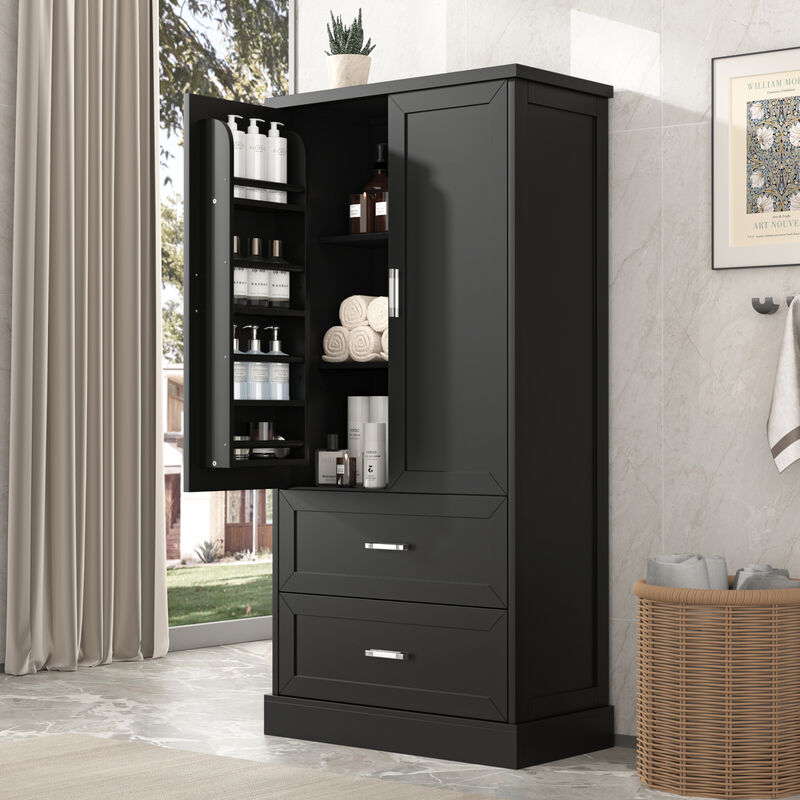 Whisen Tall Bathroom Storage Cabinet, Cabinet with Two Doors and Drawers