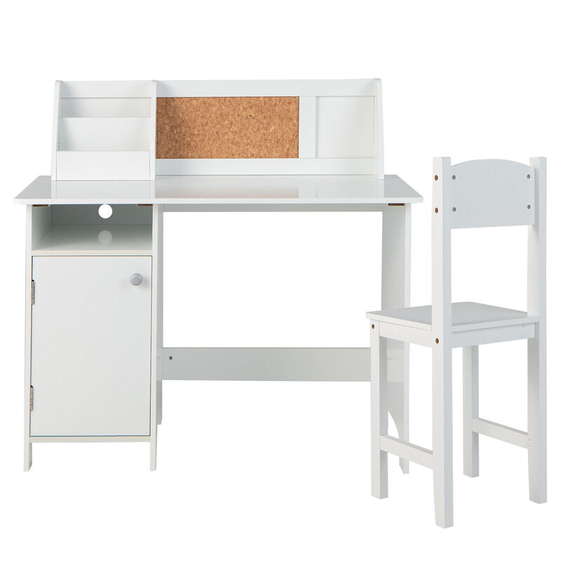 Wooden Kids Study Desk and Chair Set with Storage Cabinet and Bulletin Board