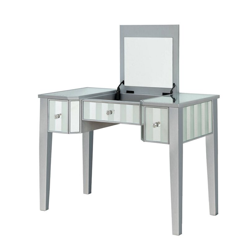 Wooden Vanity Set with Stool and Mirror Panel Inserts, Gray and Silver-Benzara image number 2