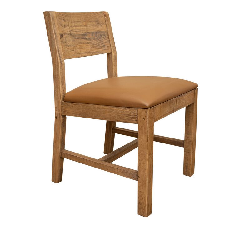 Asic 18 Inch Dining Chair, Set of 2, Vinyl Fabric, Natural Brown Pine Wood - Benzara