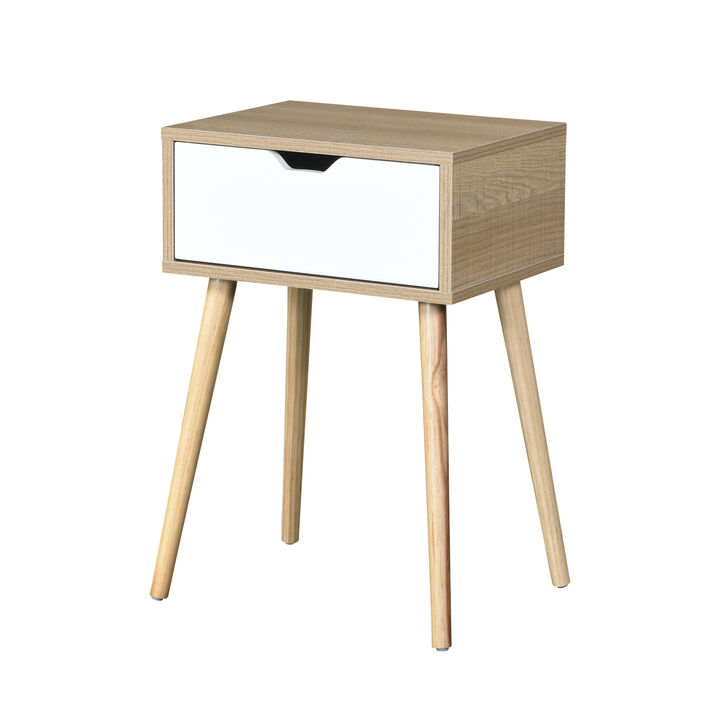 Side Table with 1 Drawer and Rubber Wood Legs, Mid-Century Modern Storage Cabinet for Bedroom Living Room Furniture, White with solid wood color