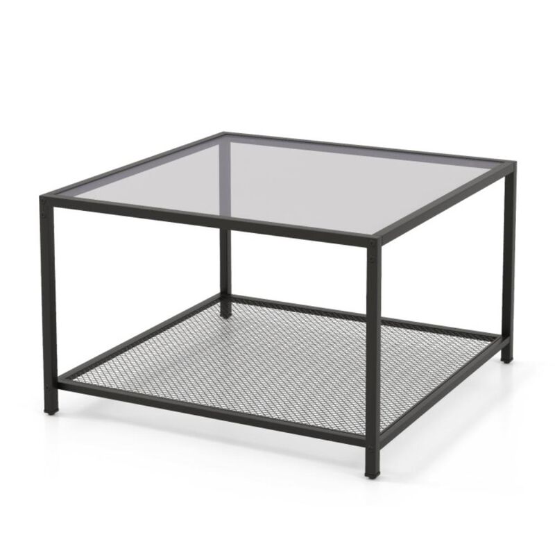 Hivvago Modern 2-Tier Square Glass Coffee Table with Mesh Shelf