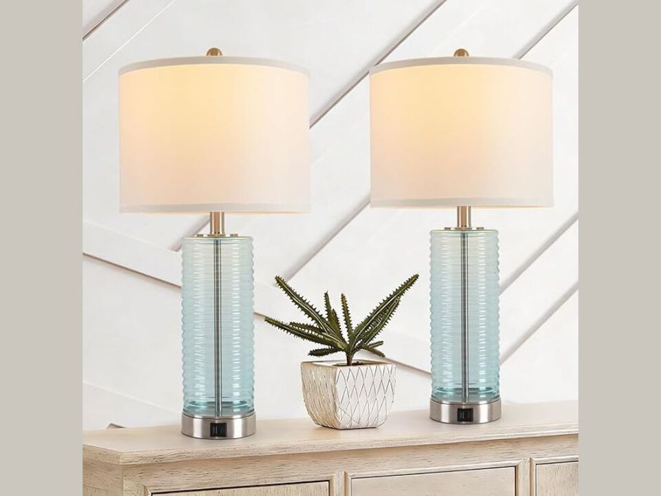 Table Lamp Set &ndash; 26.5" Blue Glass Touch Dimmable Bedside Lights w/ USB‑A+C Ports