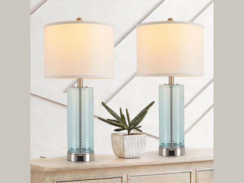 Table Lamp Set &ndash; 26.5" Blue Glass Touch Dimmable Bedside Lights w/ USB‑A+C Ports image number 1