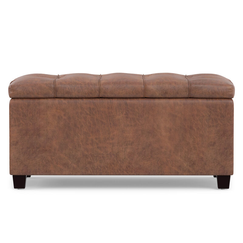 Sienna 33 inch Wide Transitional Rectangle Storage Ottoman Bench in Distressed Saddle Brown Vegan Faux Leather, Assembled image number 6