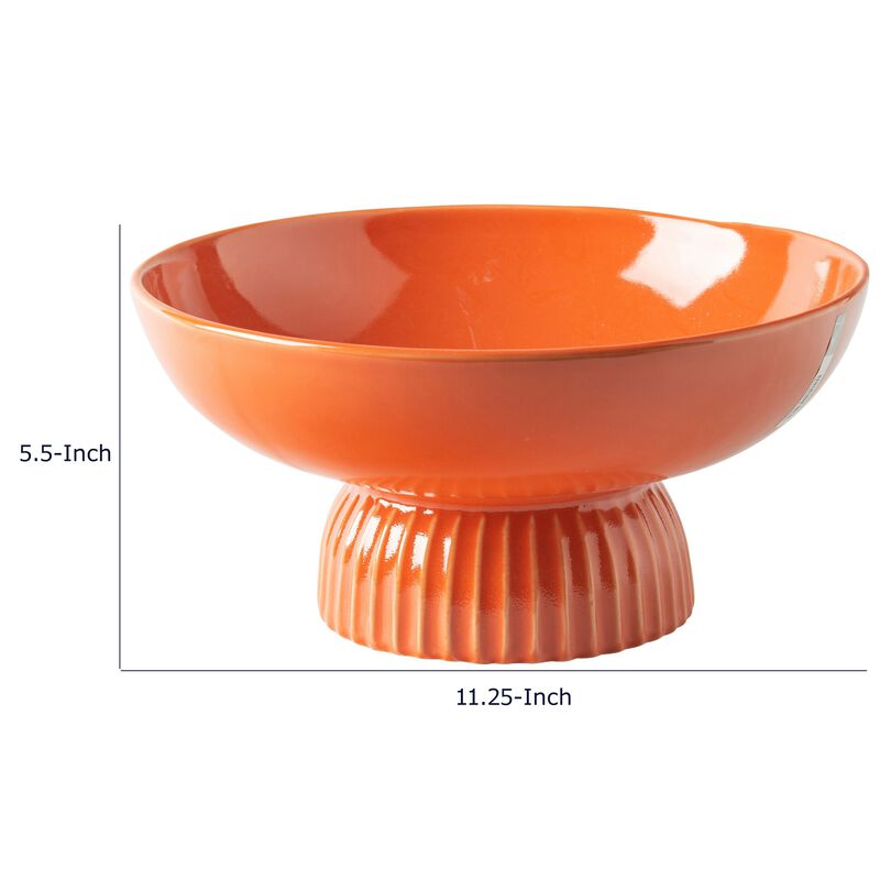 Ribbed Pedestal Fruit Bowl, Wide Basin, Glazed Orange Ceramic 11 Inch image number 7