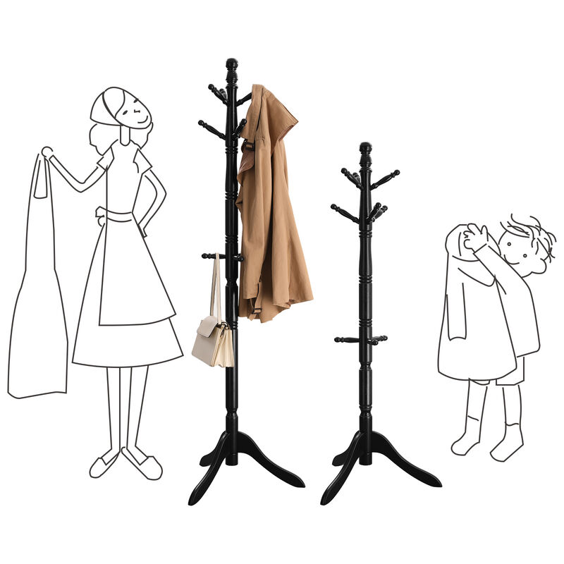 Solid Wood Coat Rack Stand with 10 Hooks - Freestanding Hall Tree