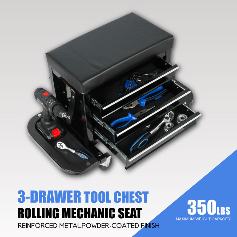 ELEMENT ACE 3-Drawer Rolling Mechanic Seat with Tool Trays, 350lbs Maximum Weight Capacity, Heavy-Duty Garage Work Stool with Swivel Casters and Ample Tool Storage image number 4