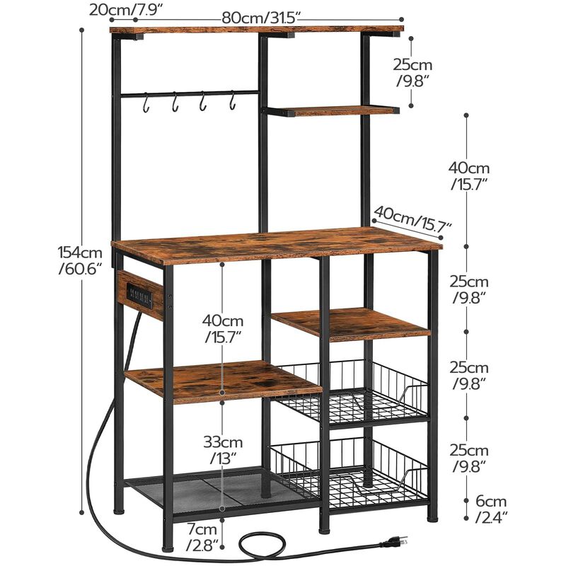 Kitchen Bakers Rack with 6 Tiers and Built-In Power Outlets for Appliances-Brown image number 2