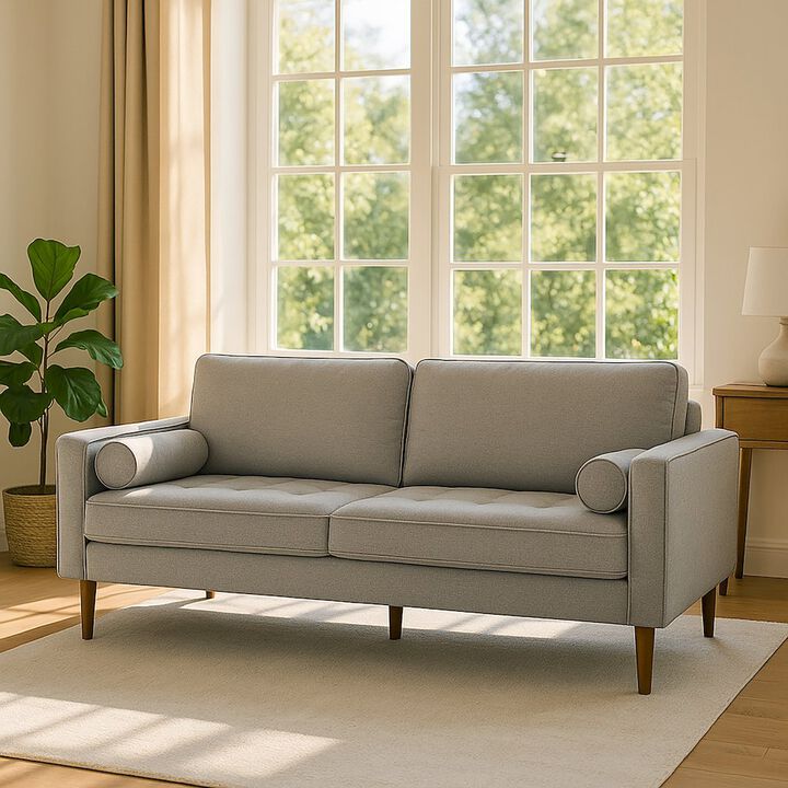 Glamour Home Bisera Twill Tufted Fabric Sofa with Walnut Wood Legs