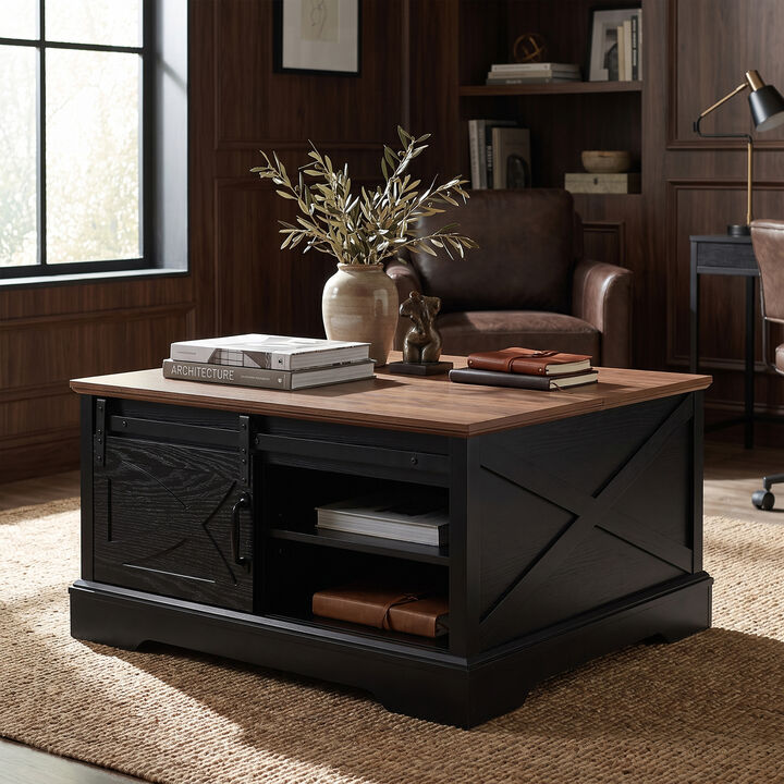 Modern 31.5" Black Dark Brown Wooden Farmhouse Square Coffee Table with Top Flip Cover and Sliding Barn Door Storage