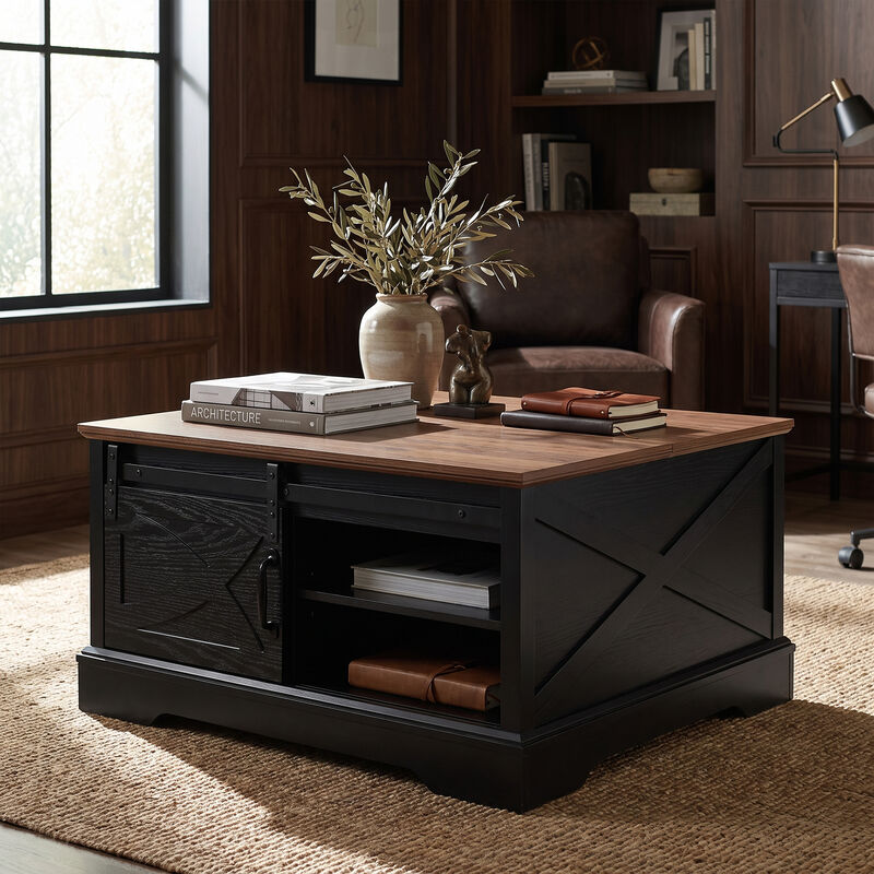 Modern 31.5" Black Dark Brown Wooden Farmhouse Square Coffee Table with Top Flip Cover and Sliding Barn Door Storage image number 1
