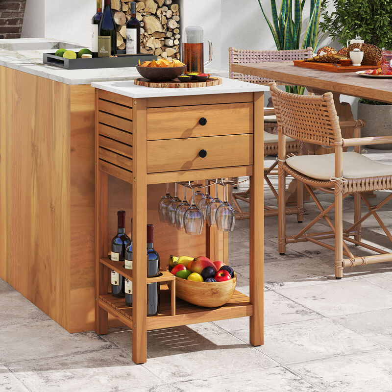 Patio Bar Table Storage Cabinet with Acacia Wood Frame and Faux Marble Top-Natural image number 1