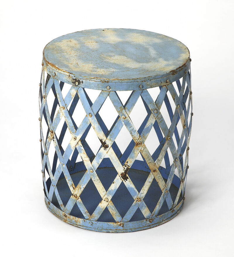 Hivvago 17 Inch Rustic Blue Iron Lattice Round Top End Table