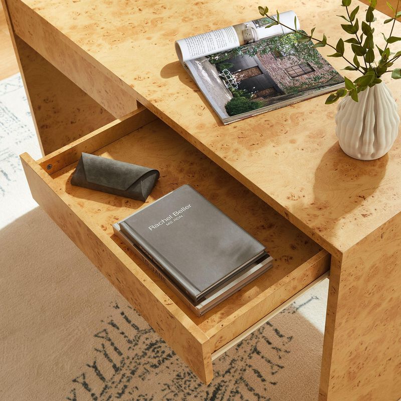 Modway Hudson Burl Wood Desk with Drawers in Natural - Modern Writing Desk - Narrow Home Office Desk - Vanity Table Without Mirror image number 5