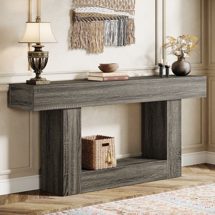 Farmhouse 63-Inch Wooden Console Table with 2-Tier Shelf for Entryway