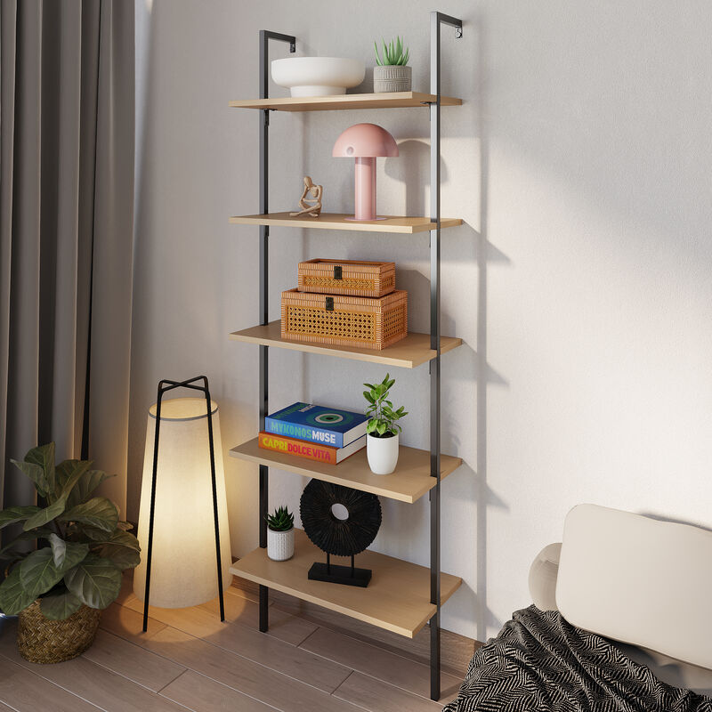 Madera  Industrial 5-Shelf Wood Wall-Mounted Open Ladder Bookcase