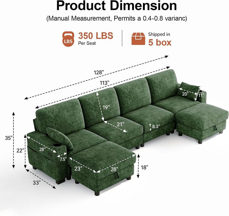 Vipbear 128" Modular Sectional Sofa, Chenille U Shaped Cloud Couch with Ottoman Adjustable Backrest