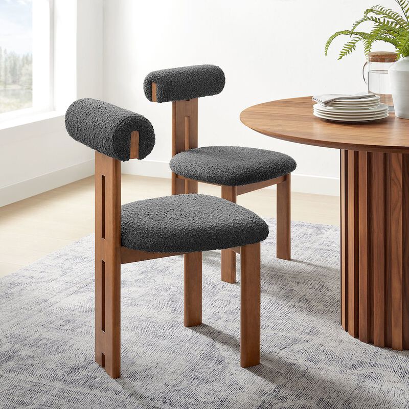 Modway Torian Upholstered Boucle Dining Chairs Set of 2 in Walnut Black - 3-Legged Farmhouse Kitchen Chairs - Mid-Century Modern Armless Accent Chairs - Comfortable Side Chairs with Wood Legs image number 8