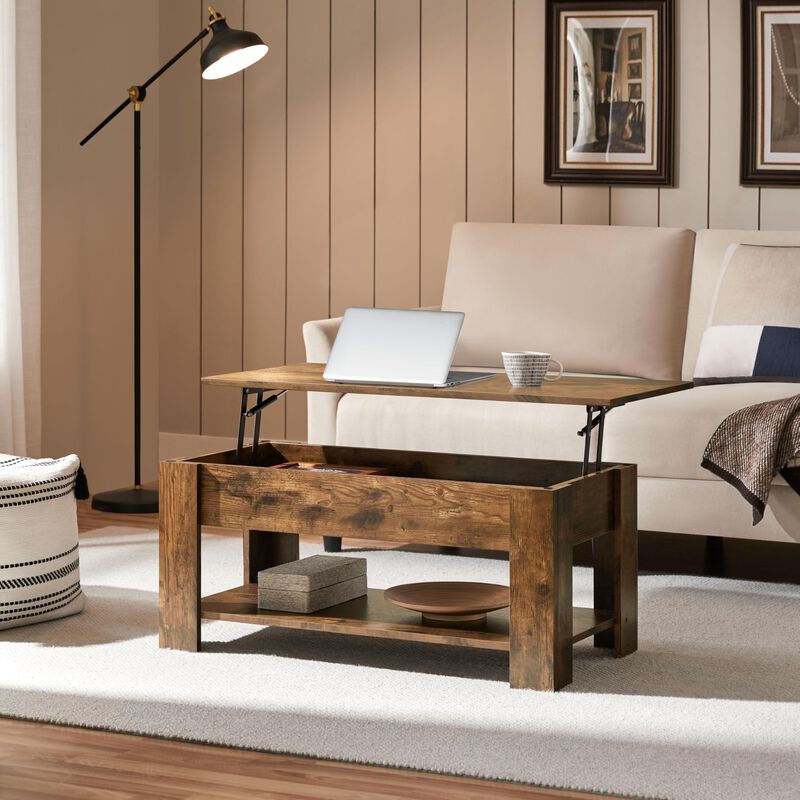 Yaheetech Vintage Coffee Table, Lift Top Coffee Table with Large Hidden Storage Shelf, Lift Tabletop Dining Table for Living Roo