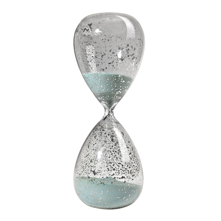 Doug 10 Inch Decorative 60 Minute Hourglass Accent Decor, Teal Blue Sand - Benzara