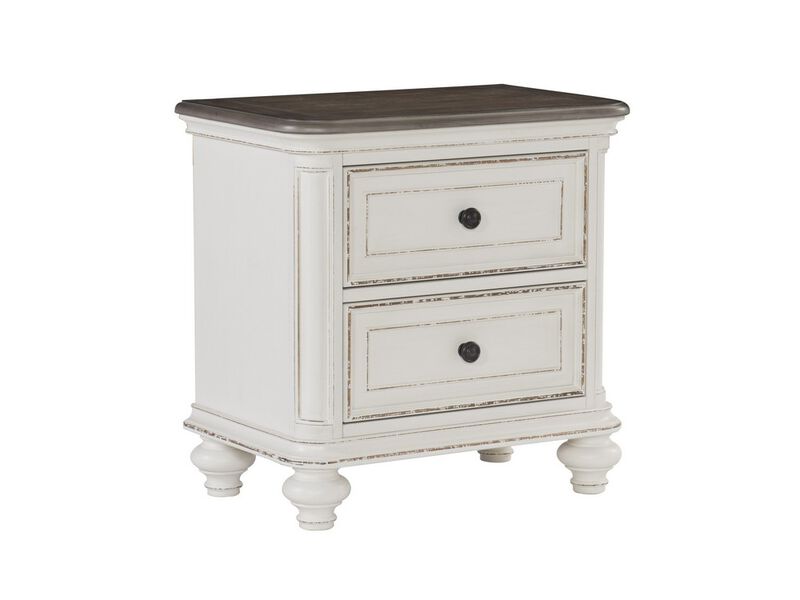2 Drawer Wooden Nightstand with Distressed Details, Antique White and Brown-Benzara
